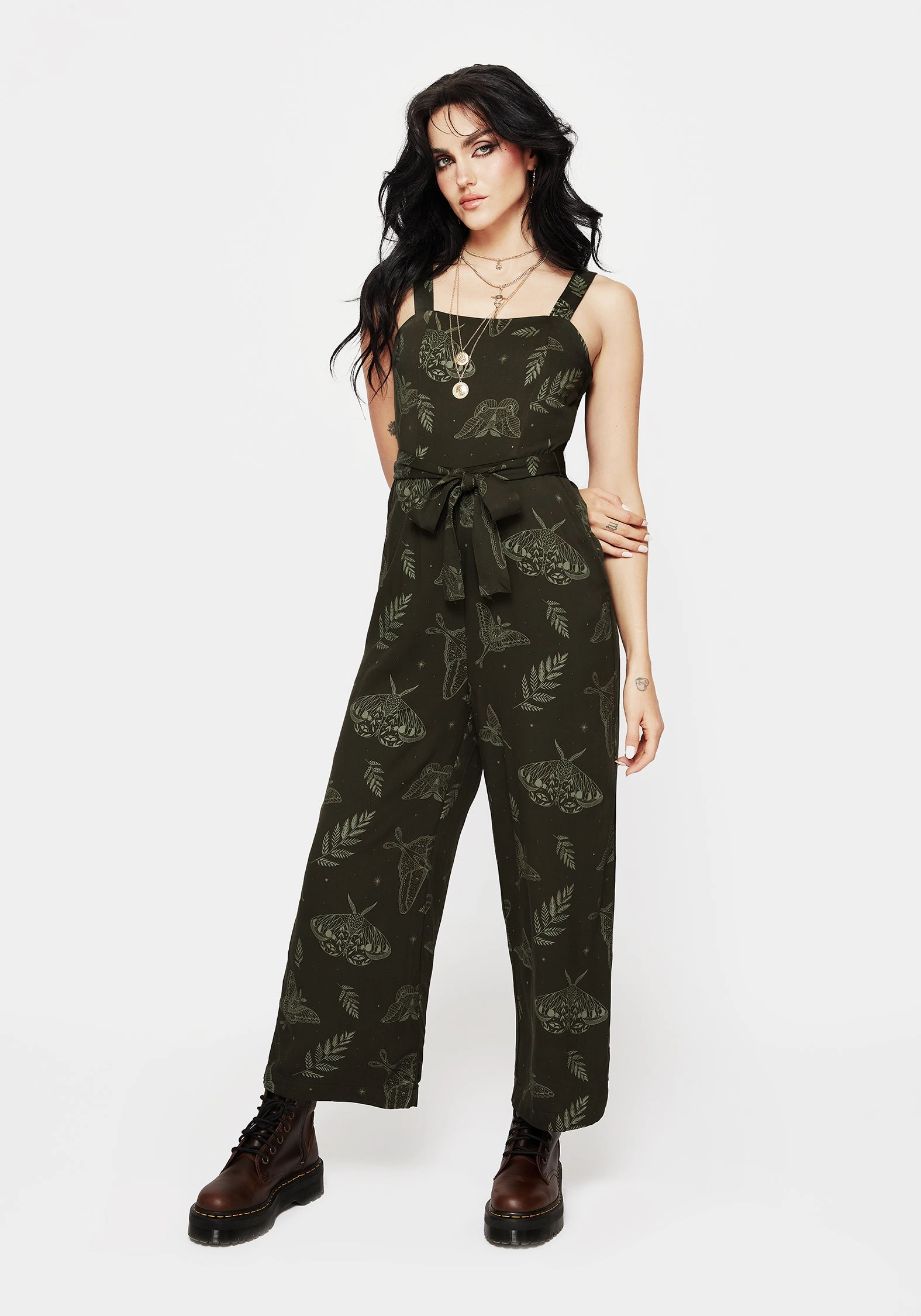 Callopistria Moth Print Wide Leg Jumpsuit - Green