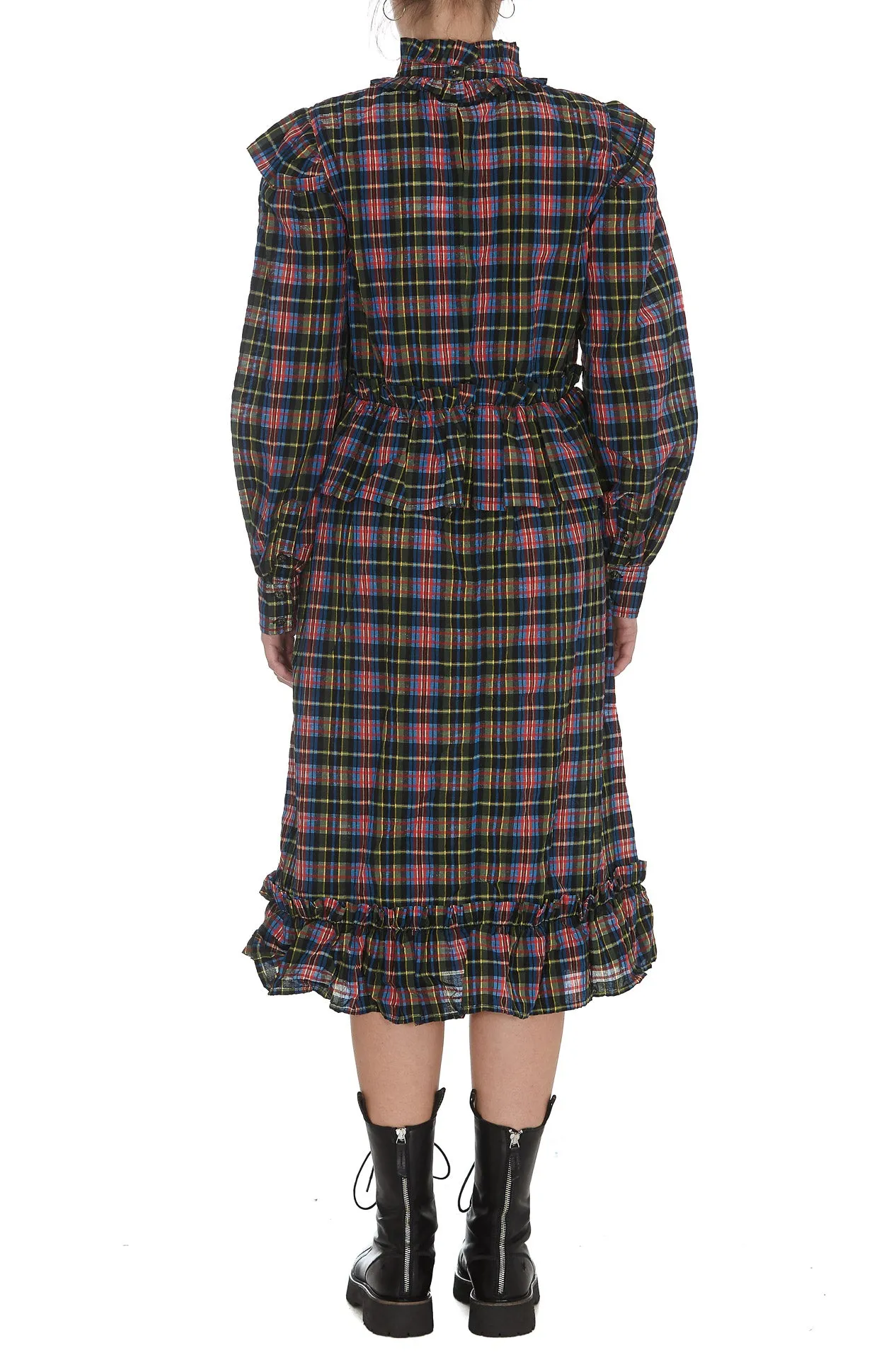 Ganni Seesucker Plaid Midi Dress