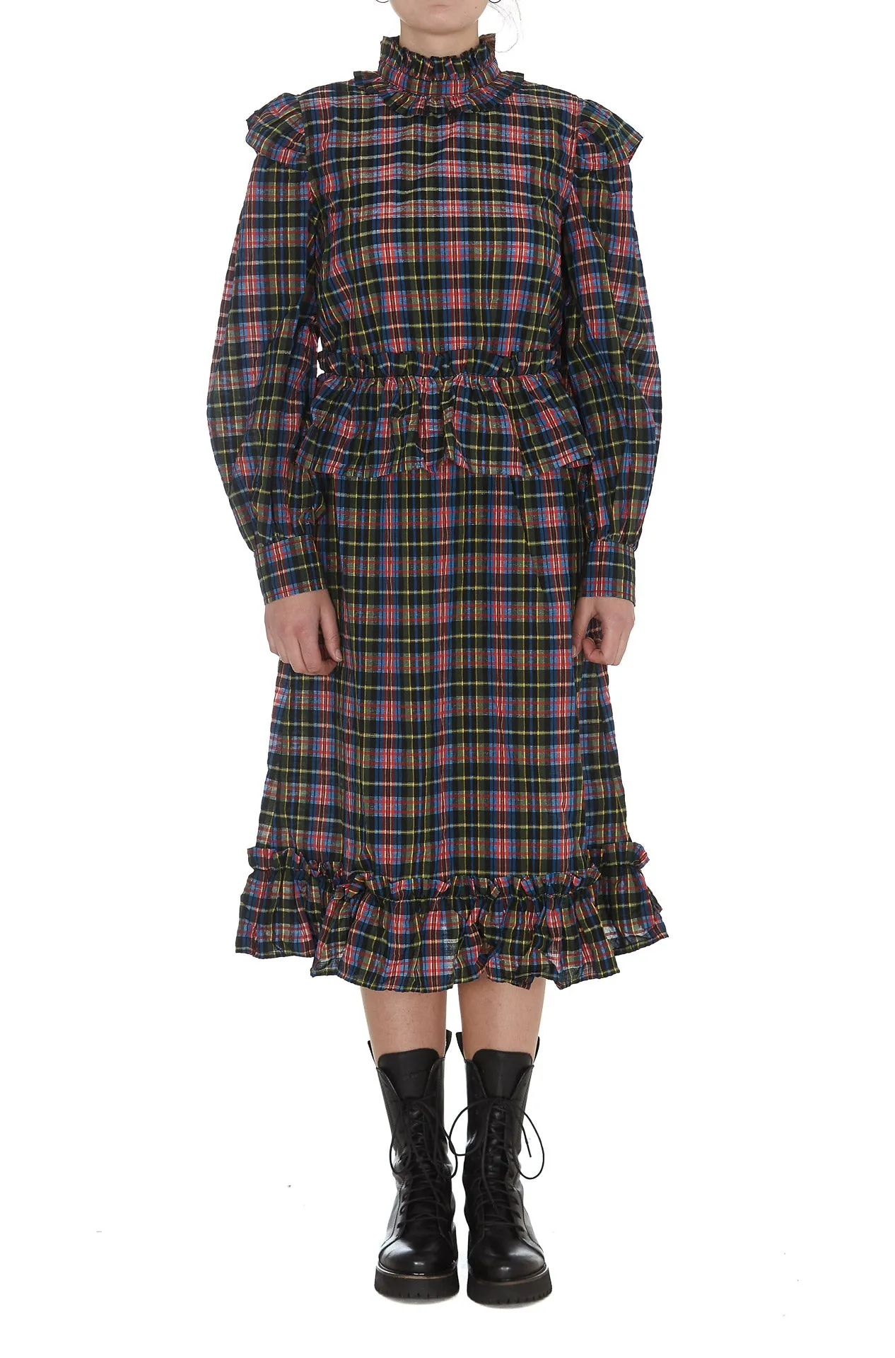 Ganni Seesucker Plaid Midi Dress