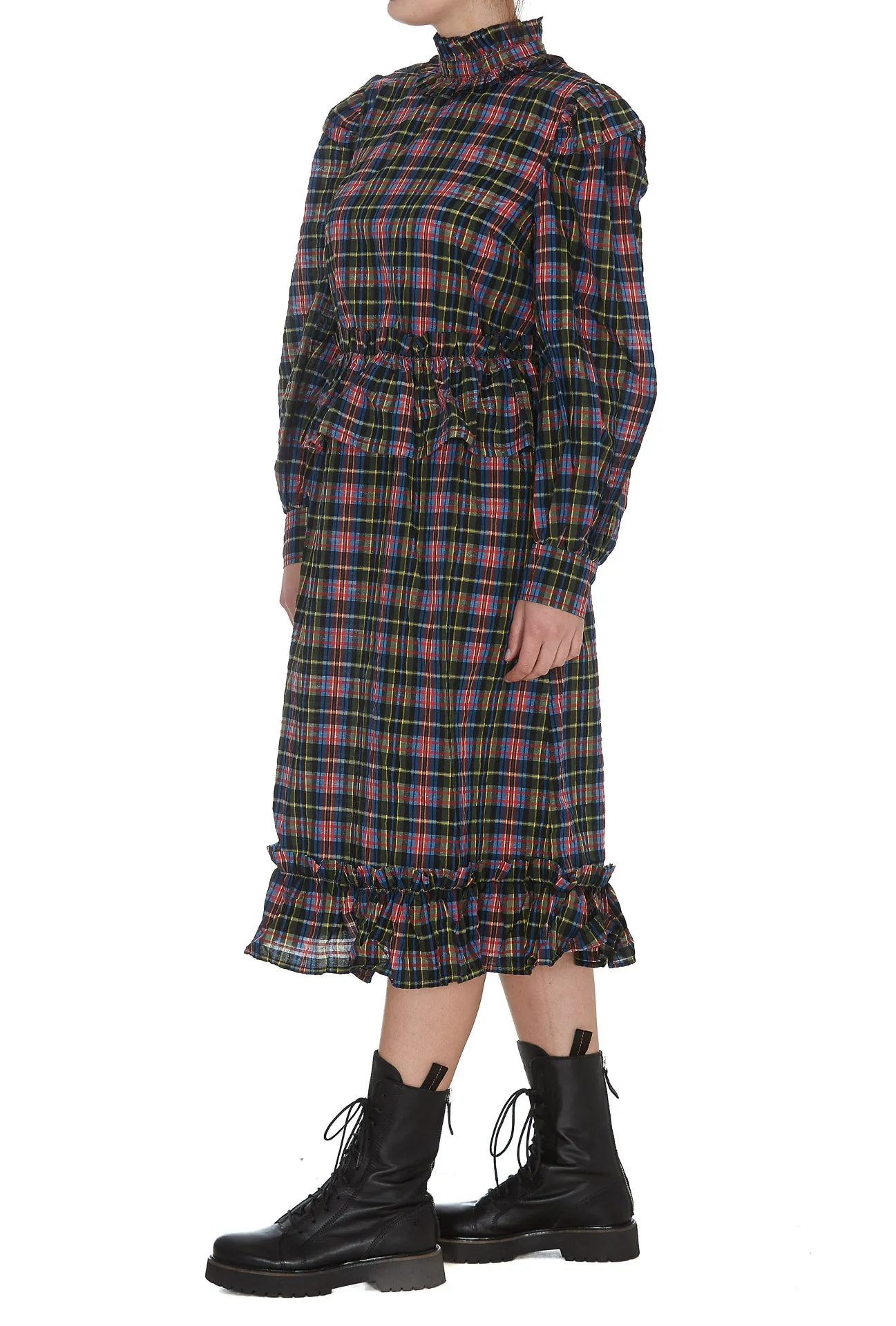 Ganni Seesucker Plaid Midi Dress