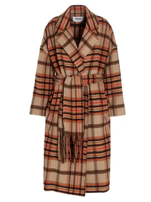 MSGM Check Patterned Fringed Coat