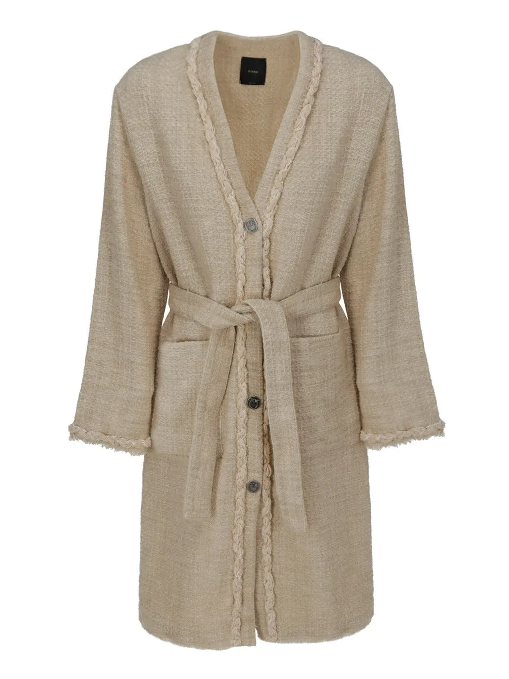 Pinko Belted Waist Fringe Detailed Coat