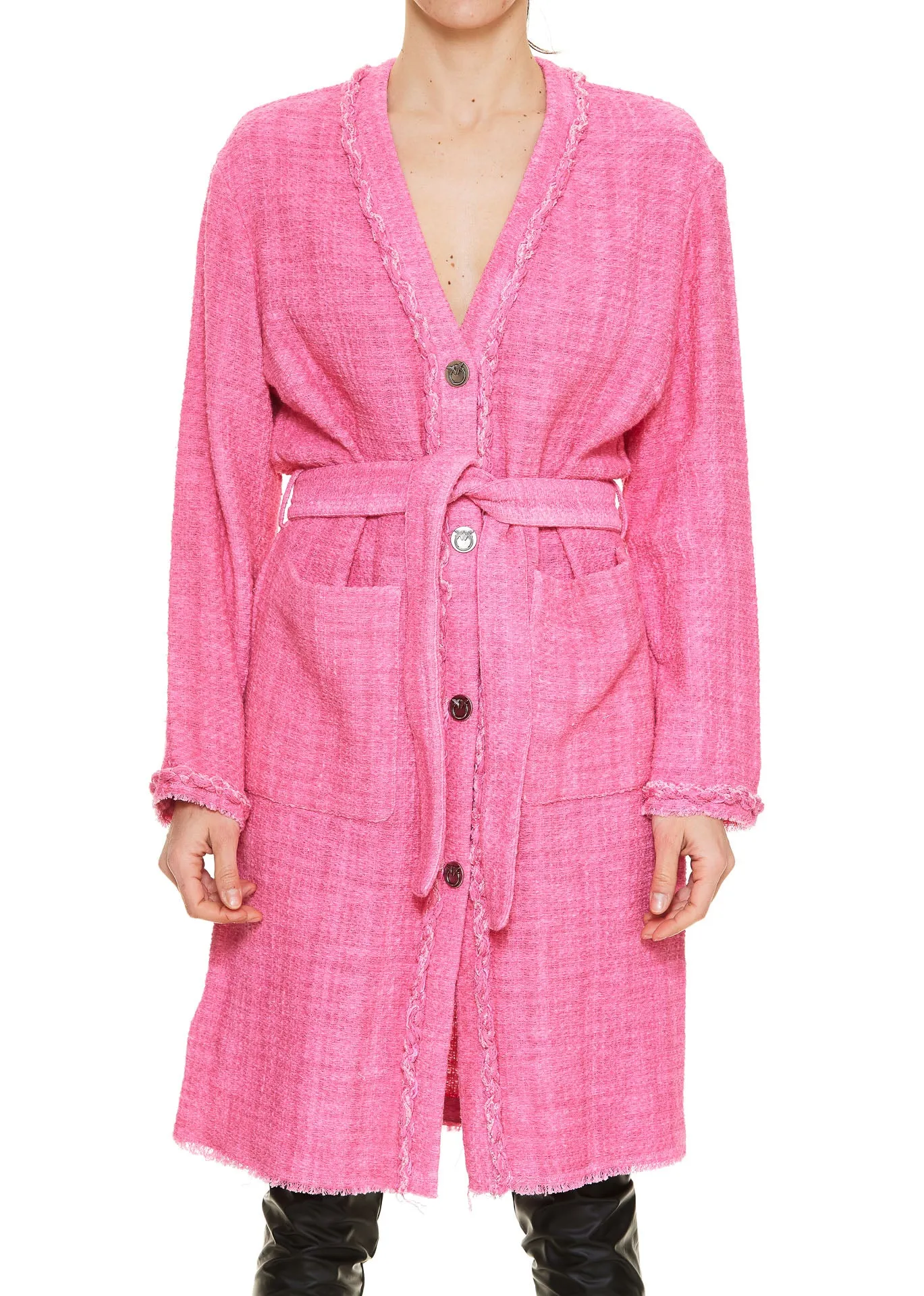 Pinko Belted Waist Fringe Detailed Coat