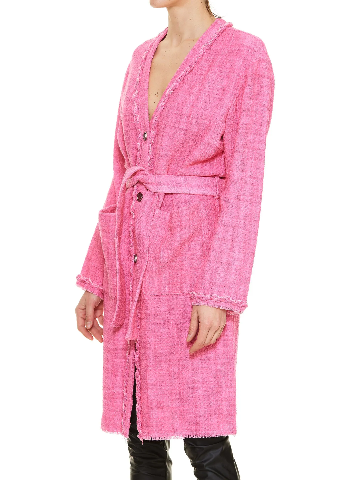 Pinko Belted Waist Fringe Detailed Coat