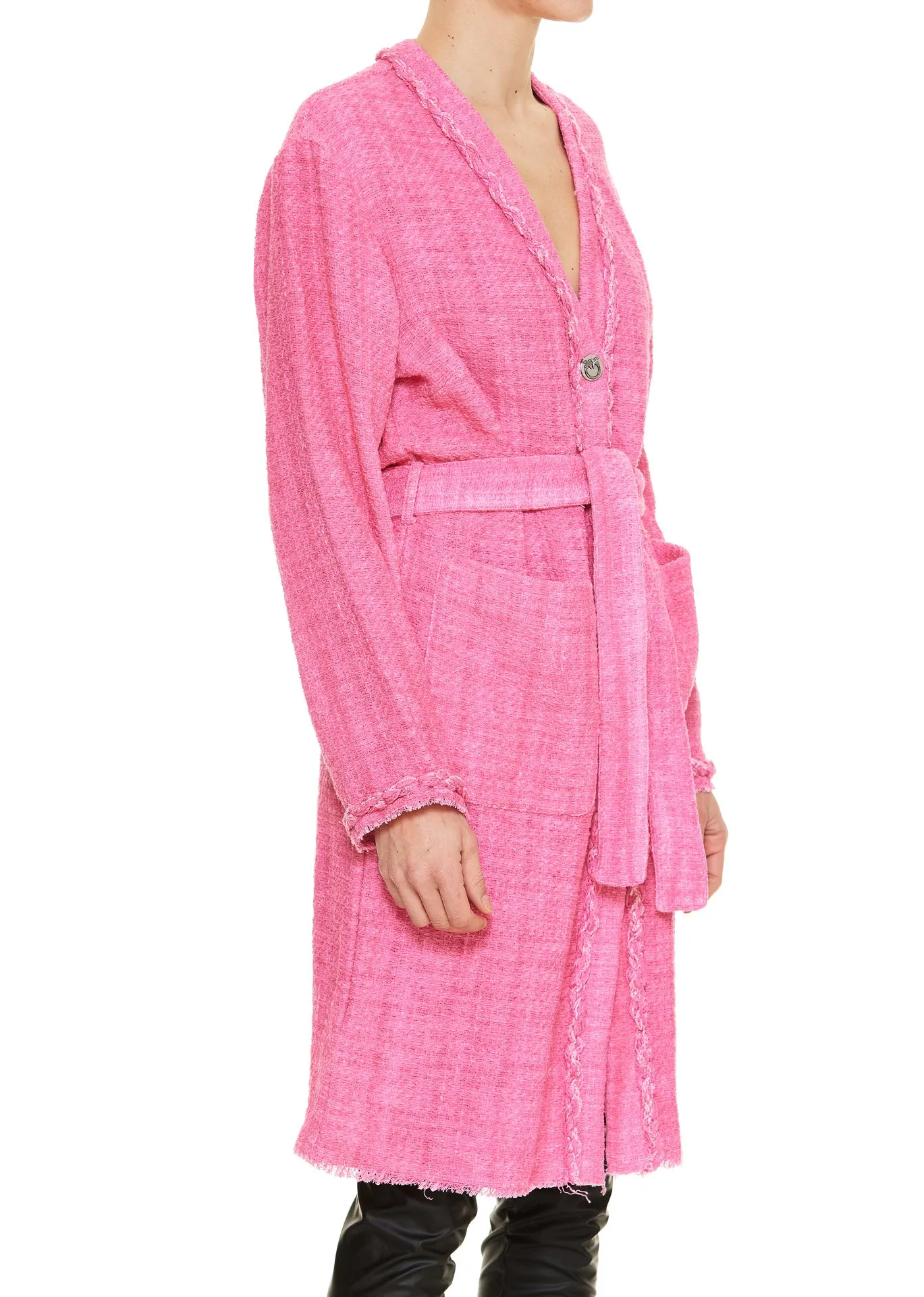 Pinko Belted Waist Fringe Detailed Coat