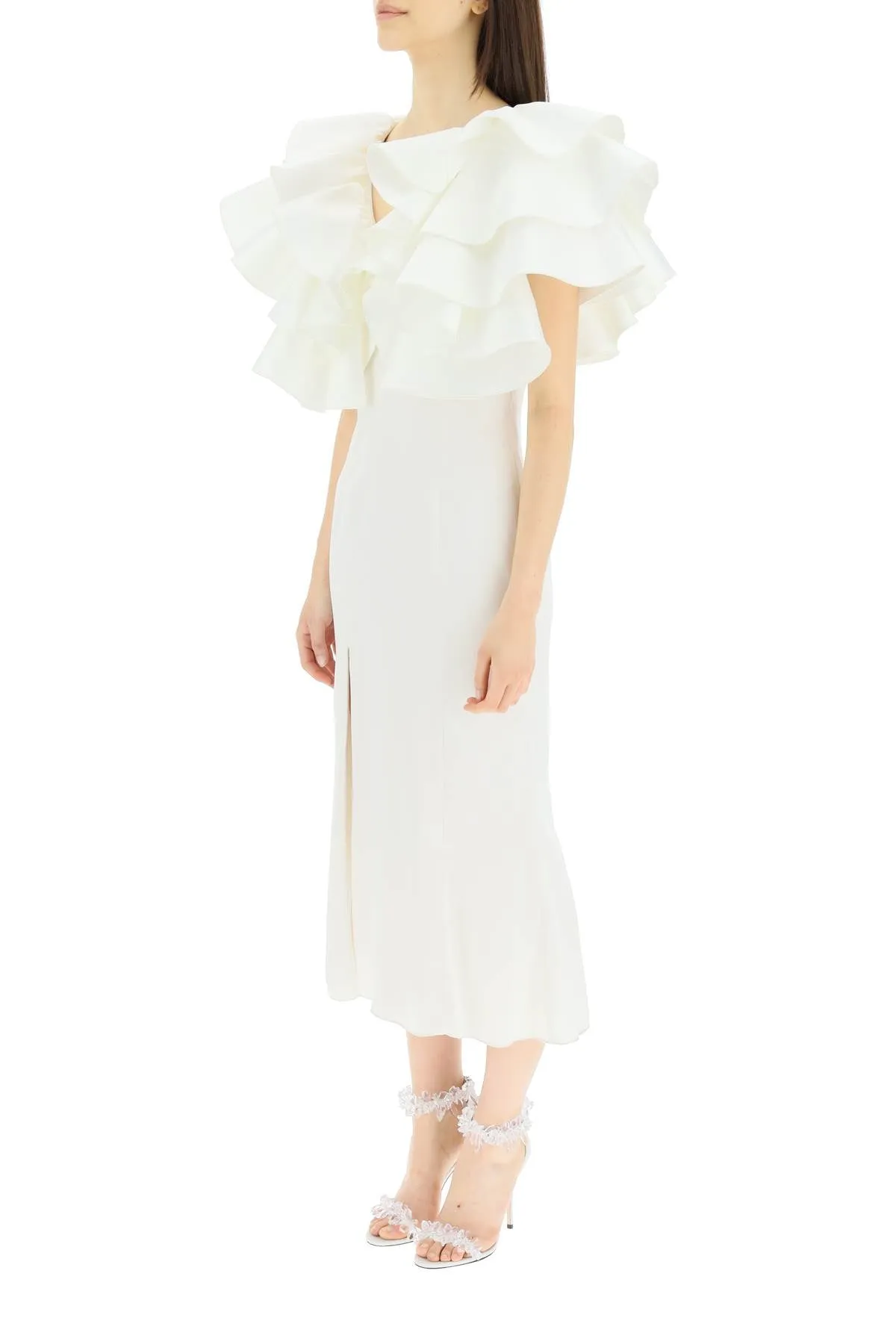 ROTATE Satin Ruffle Carmen Dress