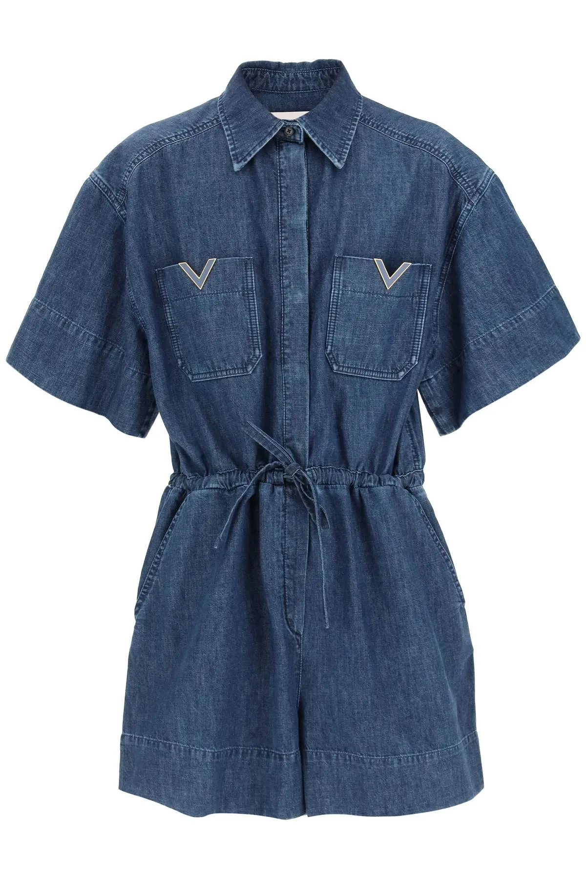 Valentino Logo Plaque Short Sleeved Denim Jumpsuit