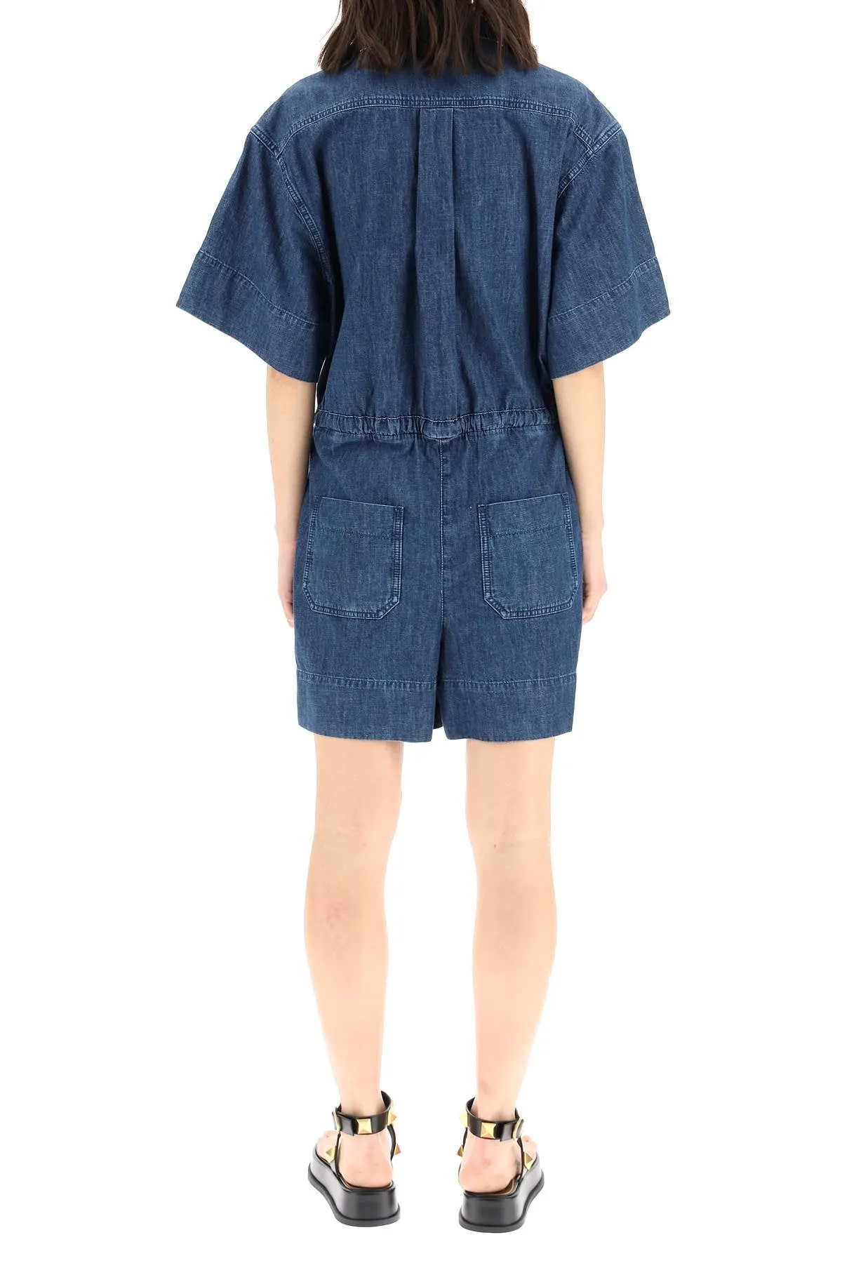 Valentino Logo Plaque Short Sleeved Denim Jumpsuit