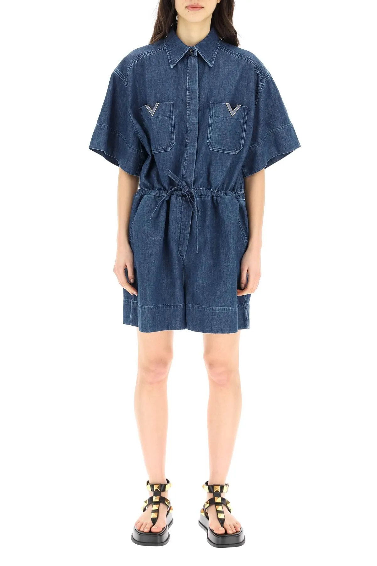 Valentino Logo Plaque Short Sleeved Denim Jumpsuit