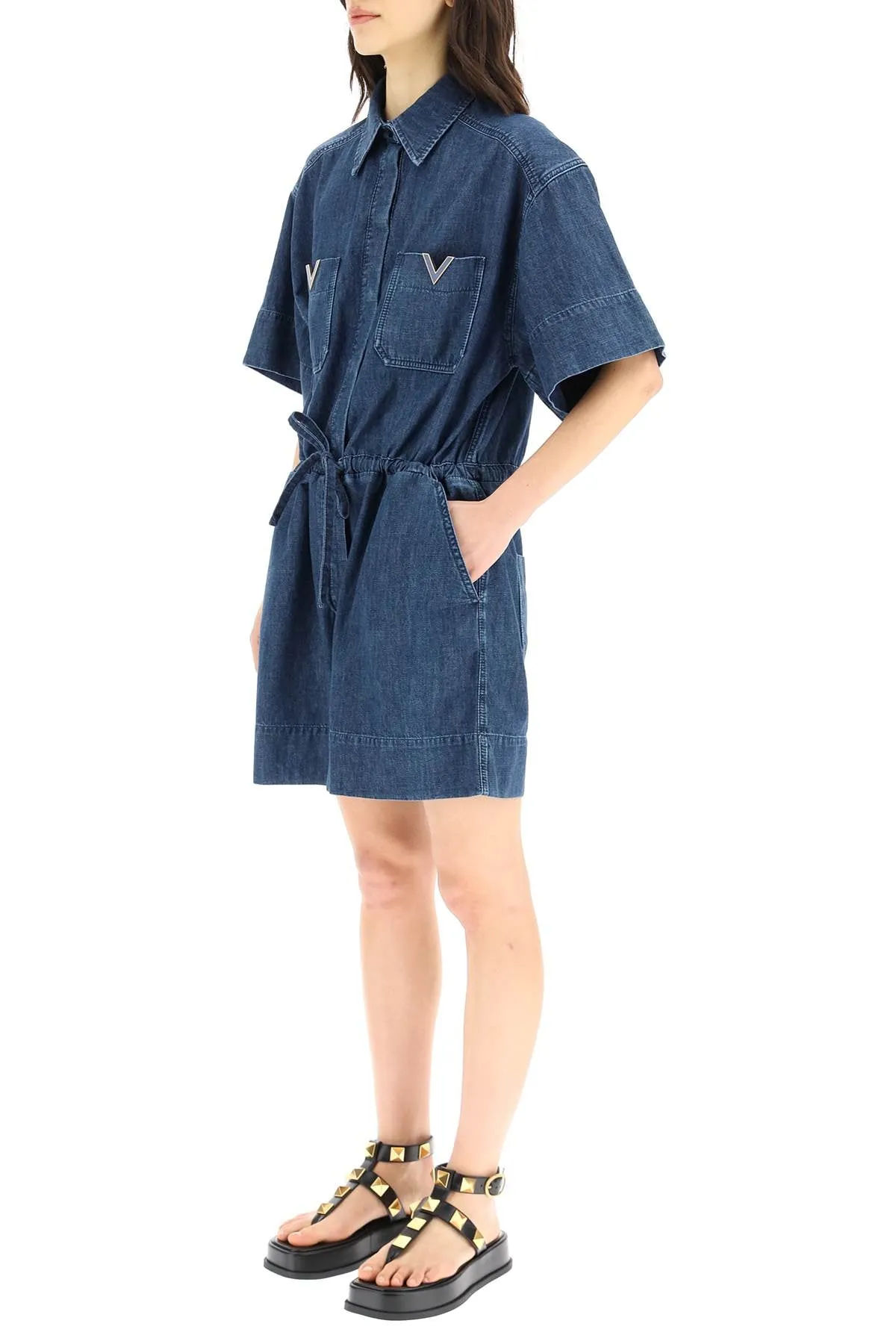 Valentino Logo Plaque Short Sleeved Denim Jumpsuit