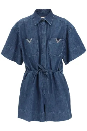 Valentino Logo Plaque Short Sleeved Denim Jumpsuit