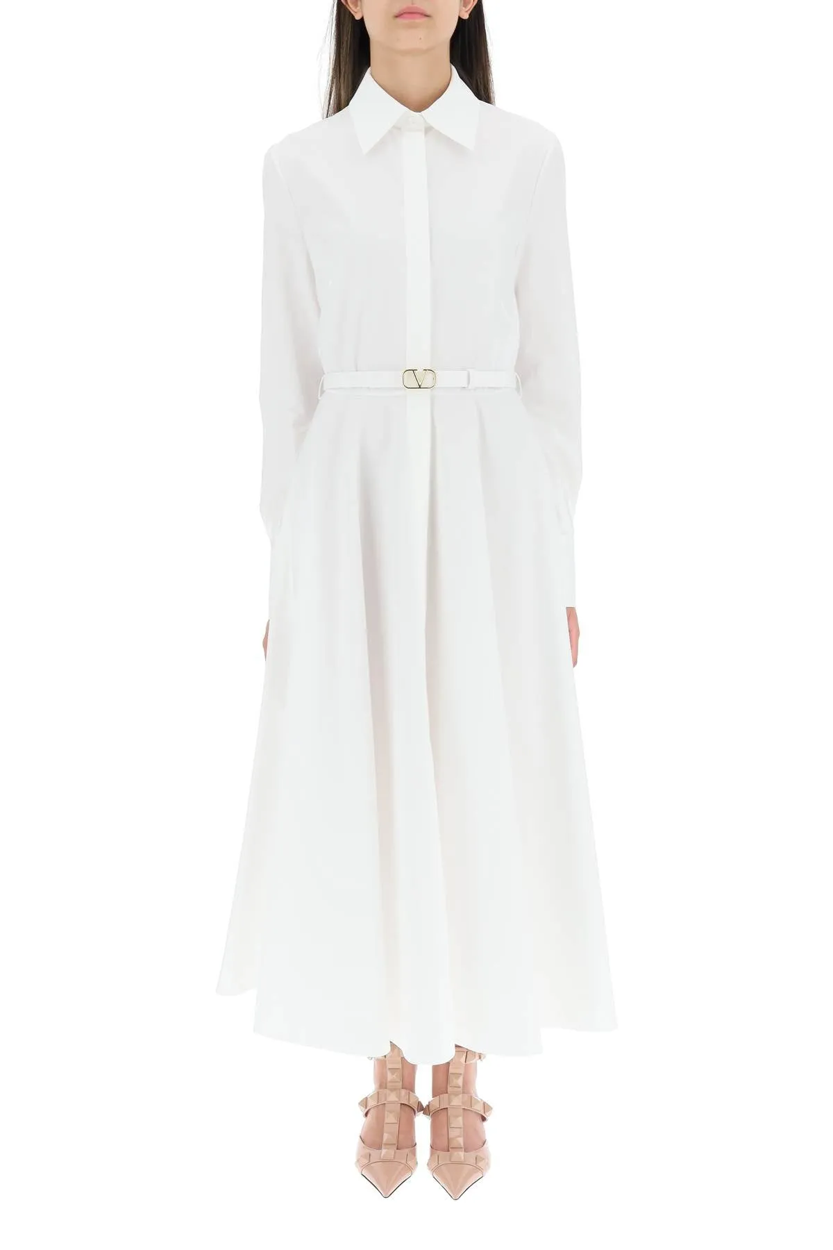 ValentinoBelted Long-Sleeved Midi Dress
